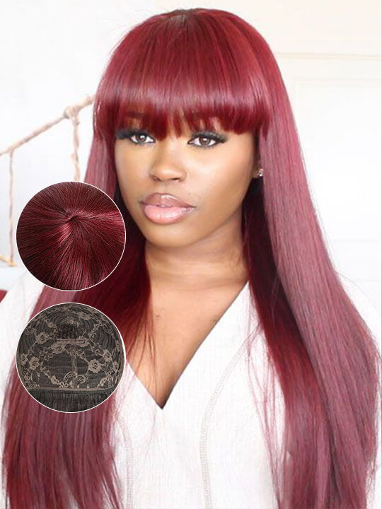 99J Burgundy Human Hair Wig With Bangs 10A Silky Straight Hair Machine Made Wigs