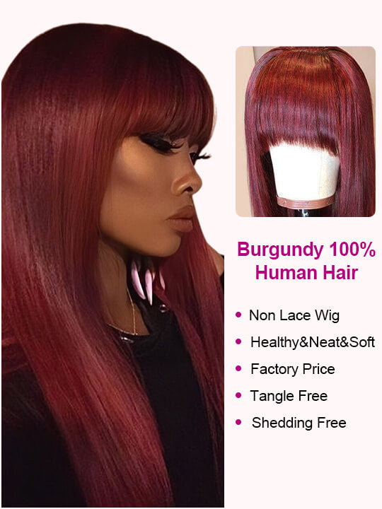 99J Burgundy Human Hair Wig With Bangs 10A Silky Straight Hair Machine Made Wigs