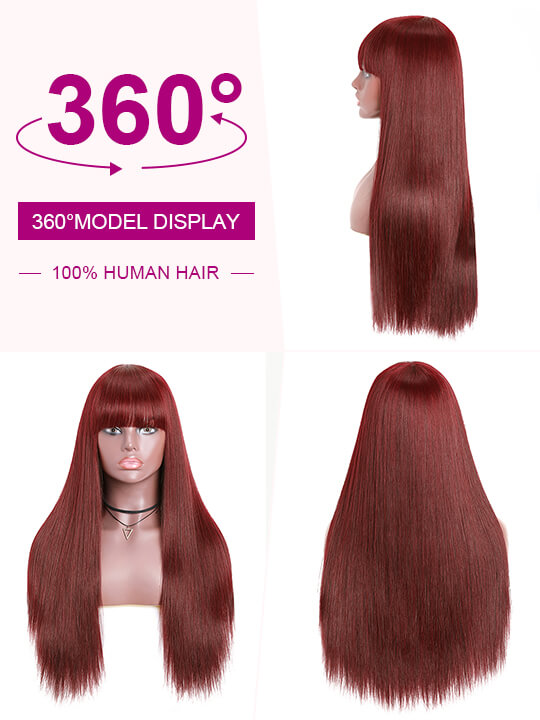 99J Burgundy Human Hair Wig With Bangs 10A Silky Straight Hair Machine Made Wigs
