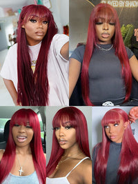 99J Burgundy Human Hair Wig With Bangs 10A Silky Straight Hair Machine Made Wigs