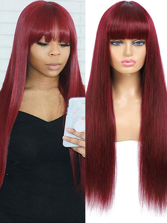 99J Burgundy Human Hair Wig With Bangs 10A Silky Straight Hair Machine Made Wigs