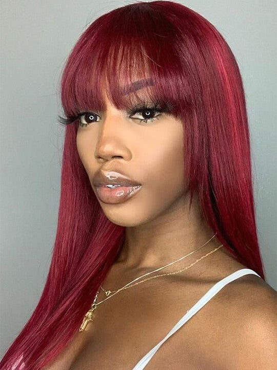 99J Burgundy Human Hair Wig With Bangs 10A Silky Straight Hair Machine Made Wigs