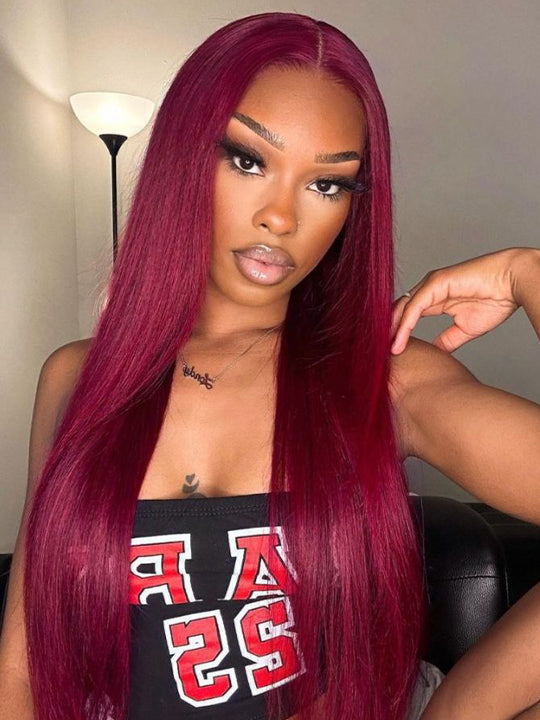99J Silky Straight Hair Burgundy Color 13x4 13x6 Transparent HD Lace Front Human Hair Wigs
