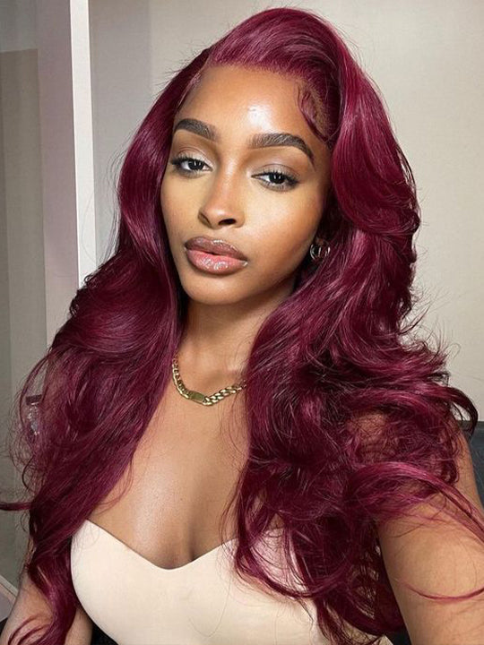 Burgundy Hair Color 3D Body Wave 13x4 Lace Frontal Wig Black Cherry Dark Burgundy Human Hair Wigs