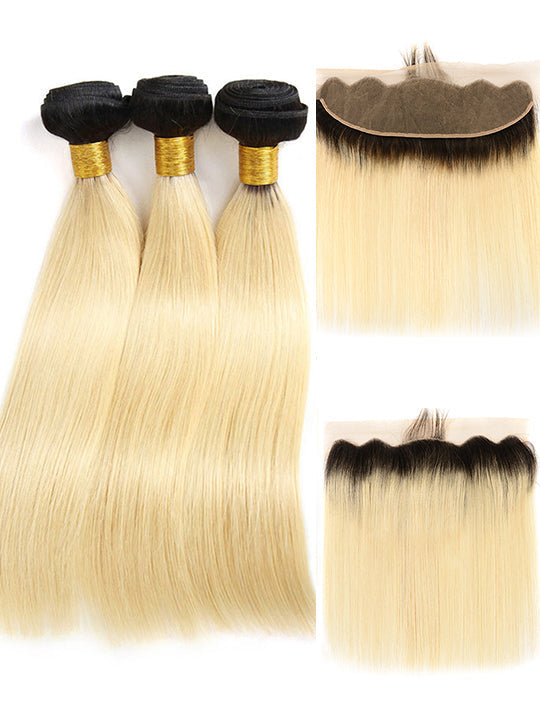 1B/613 Ombre Blonde Bundles With 13x4 Lace Frontal Closure Straight Human Hair