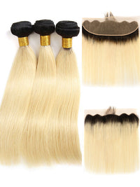 1B/613 Ombre Blonde Bundles With 13x4 Lace Frontal Closure Straight Human Hair