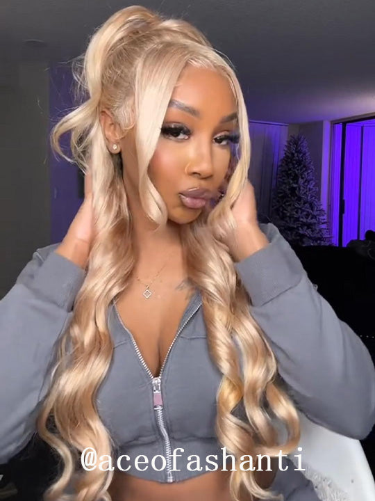 Kisslove Ash Blonde Hair 3D Body Wave Wig Snug Fit Invisi Strap 360 Lace Frontal Wigs