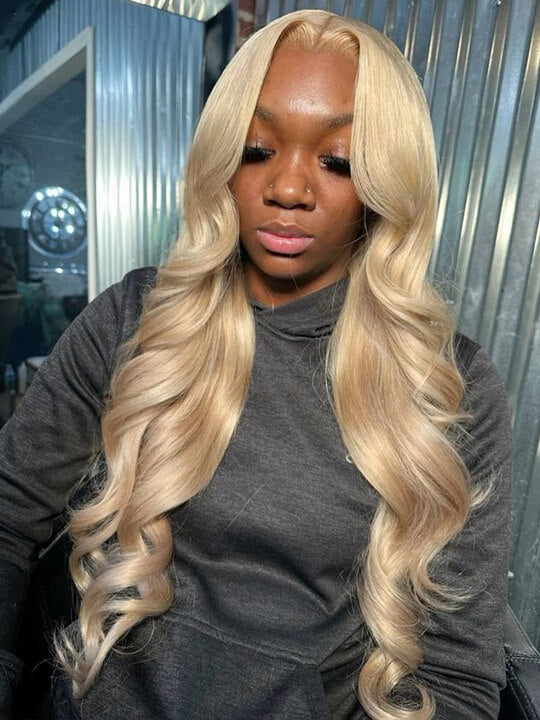 Ash Blonde Hair With Curtain Bangs Wig Glueless 5x5 Lace Front Wigs 3D Body Wave