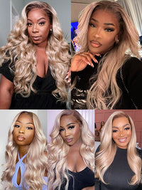Ombre Ash Blonde Straight Hair Body Wave 13x4 Transparent Lace Frontal Wig Blonde With Brown Roots Hair