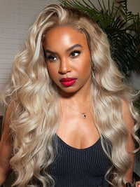 Ombre Ash Blonde Body Wave Wig Blonde Hair With Brown Roots Transparent Full Lace Frontal Wigs