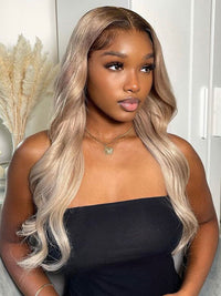 Ombre Ash Blonde Body Wave Wig Blonde Hair With Brown Roots Transparent Full Lace Frontal Wigs