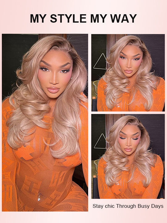 Ombre Ash Blonde Straight Hair Body Wave 13x4 Transparent Lace Frontal Wig Blonde With Brown Roots Hair