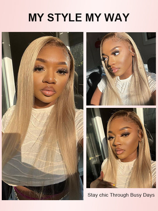 Ombre Ash Blonde Straight Hair Body Wave 13x4 Transparent Lace Frontal Wig Blonde With Brown Roots Hair