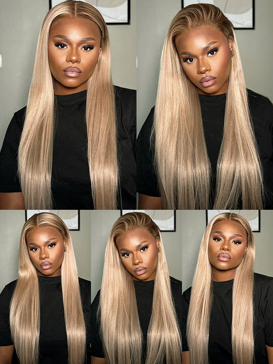 Ombre Ash Blonde Straight Hair Body Wave 13x4 Transparent Lace Frontal Wig Blonde With Brown Roots Hair