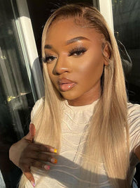 Ombre Ash Blonde Straight Hair Body Wave 13x4 Transparent Lace Frontal Wig Blonde With Brown Roots Hair