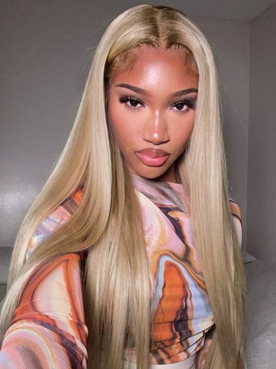 Ombre Ash Blonde Straight Hair Body Wave 13x4 Transparent Lace Frontal Wig Blonde With Brown Roots Hair
