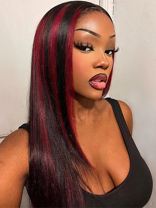 Black Hair With Red Highlights 99J Burgundy 13x4 13x6 Lace Frontal Human Hair Wigs