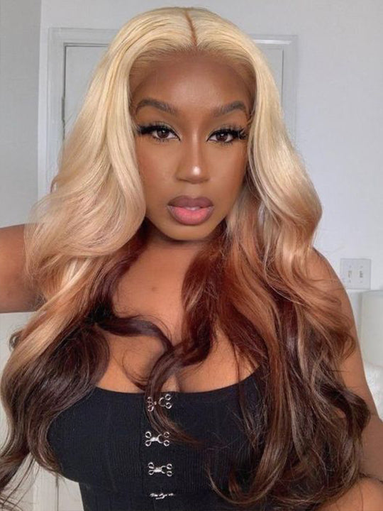 Ombre Blonde Brown Wig 3D Body Wave Honey Blonde On Brown Hair 13x4 HD Lace Front Human Hair Wigs