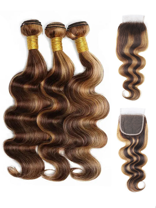 P4/27 Highlight Body Wave Human Hair 3 Bundles With Closure 12A Brazilian Hair