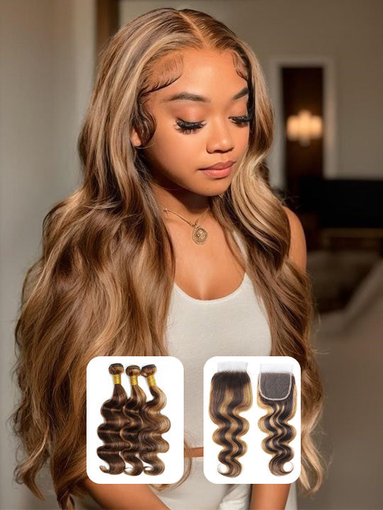 P4/27 Highlight Body Wave Human Hair 3 Bundles With Closure 12A Brazilian Hair