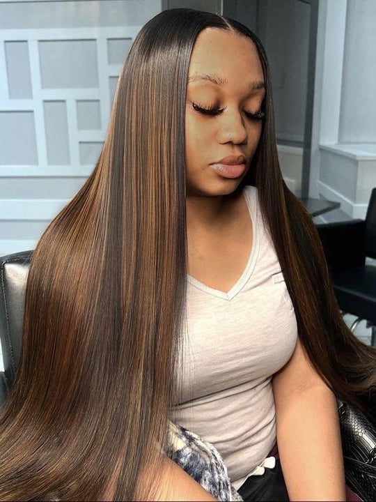 #FB30 Brown Highlights Straight Full 13x4 Lace Frontal Human Hair Wigs