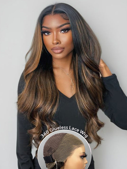 Kisslove Glueless Brown Bayalage Highlights Wig Invisi-Drawstring Snug Fit 360 Lace Wig