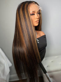 Kisslove Invisi-Drawstring Snug Fit 360 Lace Wig Glueless Black Hair With Brown Highlights