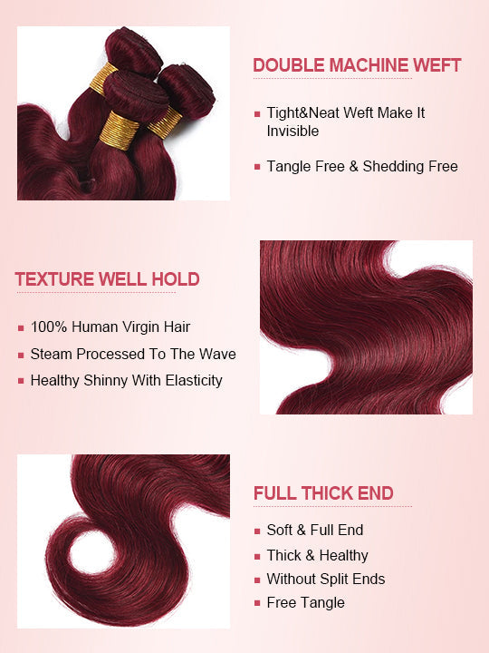 Burgundy Bundles With 5x5 13x4 Lace Frontal Closure Body Wave Human Hair
