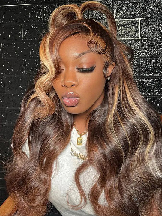 Curtain Bangs Highlight Wig 13x4 HD Lace Wigs 3D Body Wave 100% Human Hair
