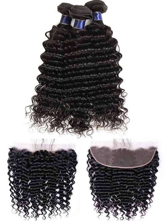 Deep Wave 3 Bundles With 13x4 HD Lace Frontal 10A Brazilian Human Hair Weave