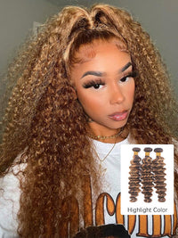 P4/27 Highlight Deep Wave Human Hair 3 Bundles With Closure 12A Brazilian Hair