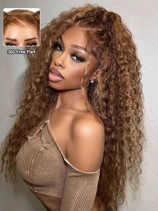 Kisslove Upgraded Invisi-Drawstring 360 Lace Wig Deep Wave Brown Highlights Human Hair Wigs