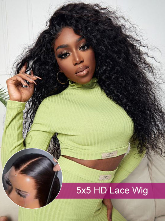 Double Drawn Crimped Hair 5*5 HD Lace Wig Water Wave 14A Brazilian Virgin Human Hair Wigs