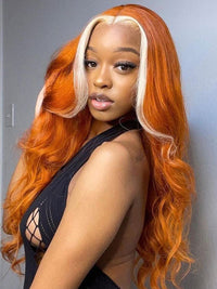 Skunk Stripe Wig Ginger Hair With Blonde Highlights 3D Body Wave 13x4 Lace Frontal Wigs