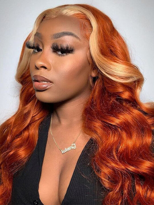 Skunk Stripe Wig Ginger Hair With Blonde Highlights 3D Body Wave 13x4 Lace Frontal Wigs