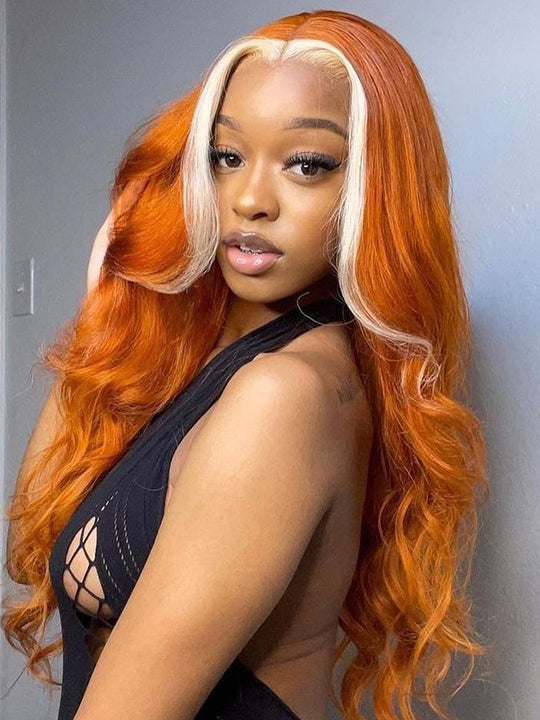 Skunk Stripe Wig Ginger Hair With Blonde Highlights 3D Body Wave 13x4 Lace Frontal Wigs