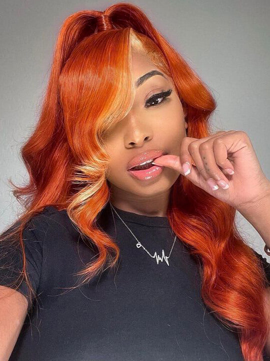 Skunk Stripe Wig Ginger Hair With Blonde Highlights 3D Body Wave 13x4 Lace Frontal Wigs