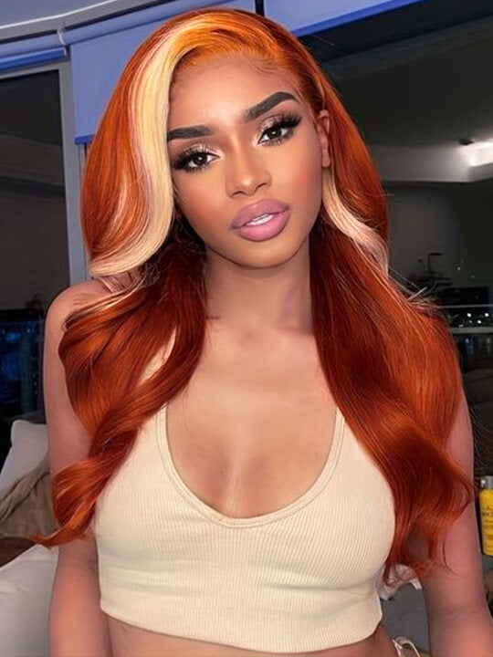 Skunk Stripe Wig Ginger Hair With Blonde Highlights 3D Body Wave 13x4 Lace Frontal Wigs