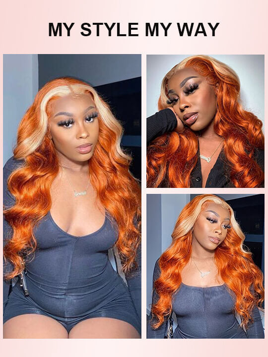 Skunk Stripe Wig Ginger Hair With Blonde Highlights 3D Body Wave 13x4 Lace Frontal Wigs