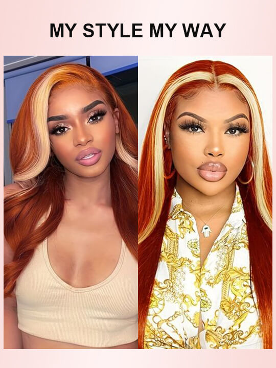 Skunk Stripe Wig Ginger Hair With Blonde Highlights 3D Body Wave 13x4 Lace Frontal Wigs