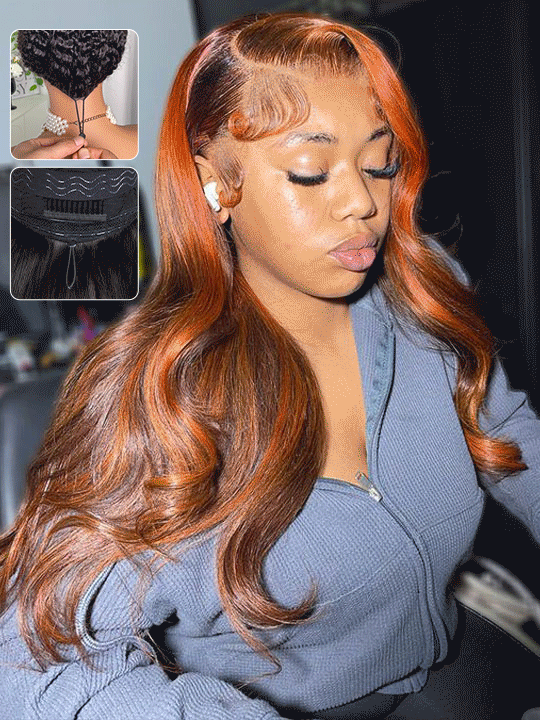 Glueless Chestnut Brown with Ginger Color Highlights Body Wave Full 13x4 13x6 Lace Frontal Human Hair Wigs