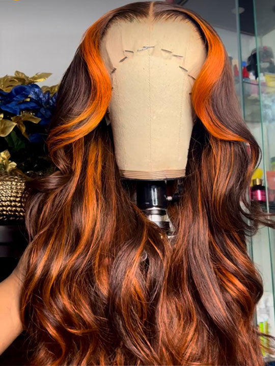 Glueless Chestnut Brown with Ginger Color Highlights Body Wave Full 13x4 13x6 Lace Frontal Human Hair Wigs