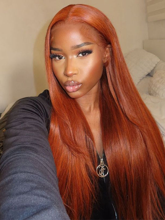 Glueless Ginger Orange Hair 5x5 Lace Wigs Silky Straight Transparent Lace Human Hair Wigs