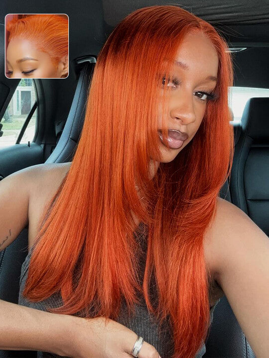 Glueless Ginger Orange Hair 5x5 Lace Wigs Silky Straight Transparent Lace Human Hair Wigs