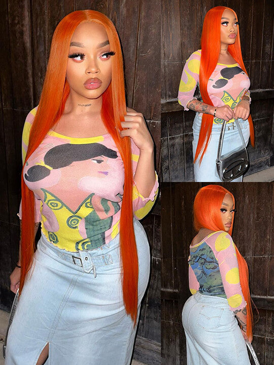 Glueless Ginger Orange Hair 5x5 Lace Wigs Silky Straight Transparent Lace Human Hair Wigs