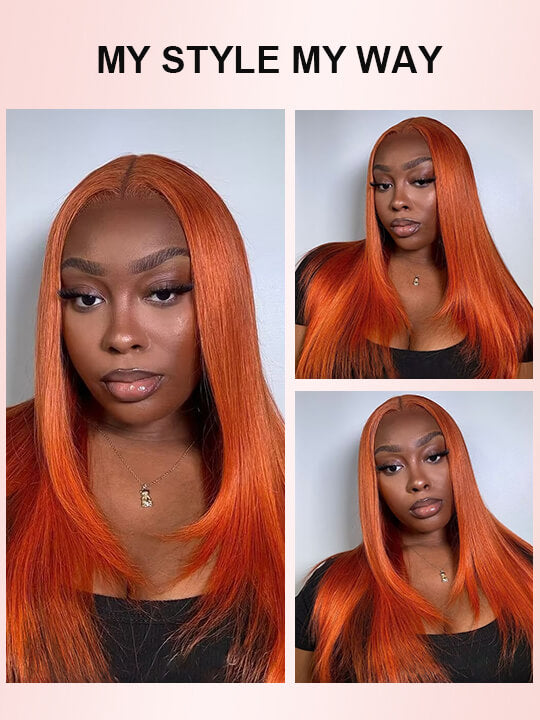 Glueless Ginger Orange Hair 5x5 Lace Wigs Silky Straight Transparent Lace Human Hair Wigs