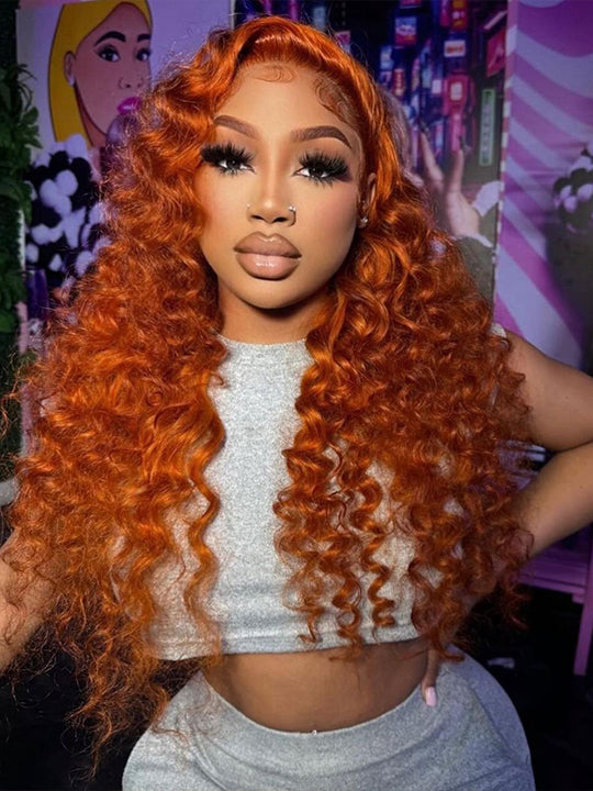 Deep Wave Ginger Orange 360 Lace Frontal Wig Pre Plucked Invisi-Drawstring Human Hair Wigs