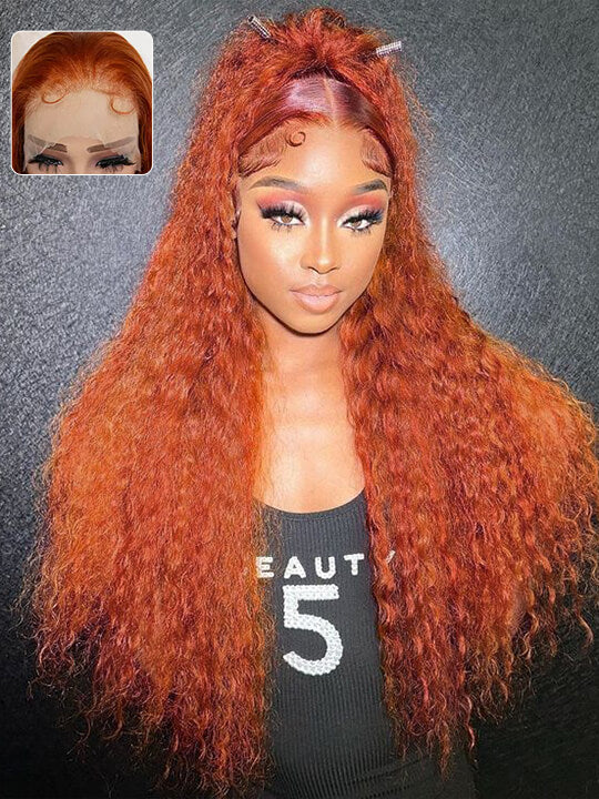 Deep Wave Ginger Orange 360 Lace Frontal Wig Pre Plucked Invisi-Drawstring Human Hair Wigs