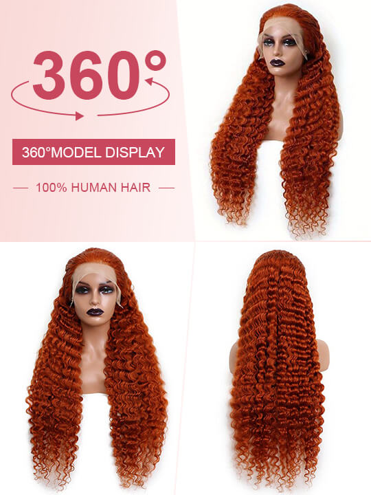 Deep Wave Ginger Orange 360 Lace Frontal Wig Pre Plucked Invisi-Drawstring Human Hair Wigs