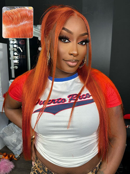 Kisslove Ginger Orange Snug Fit 360 Lace Frontal Wig Silky Straight Hair with Invisi Drawstring Cap
